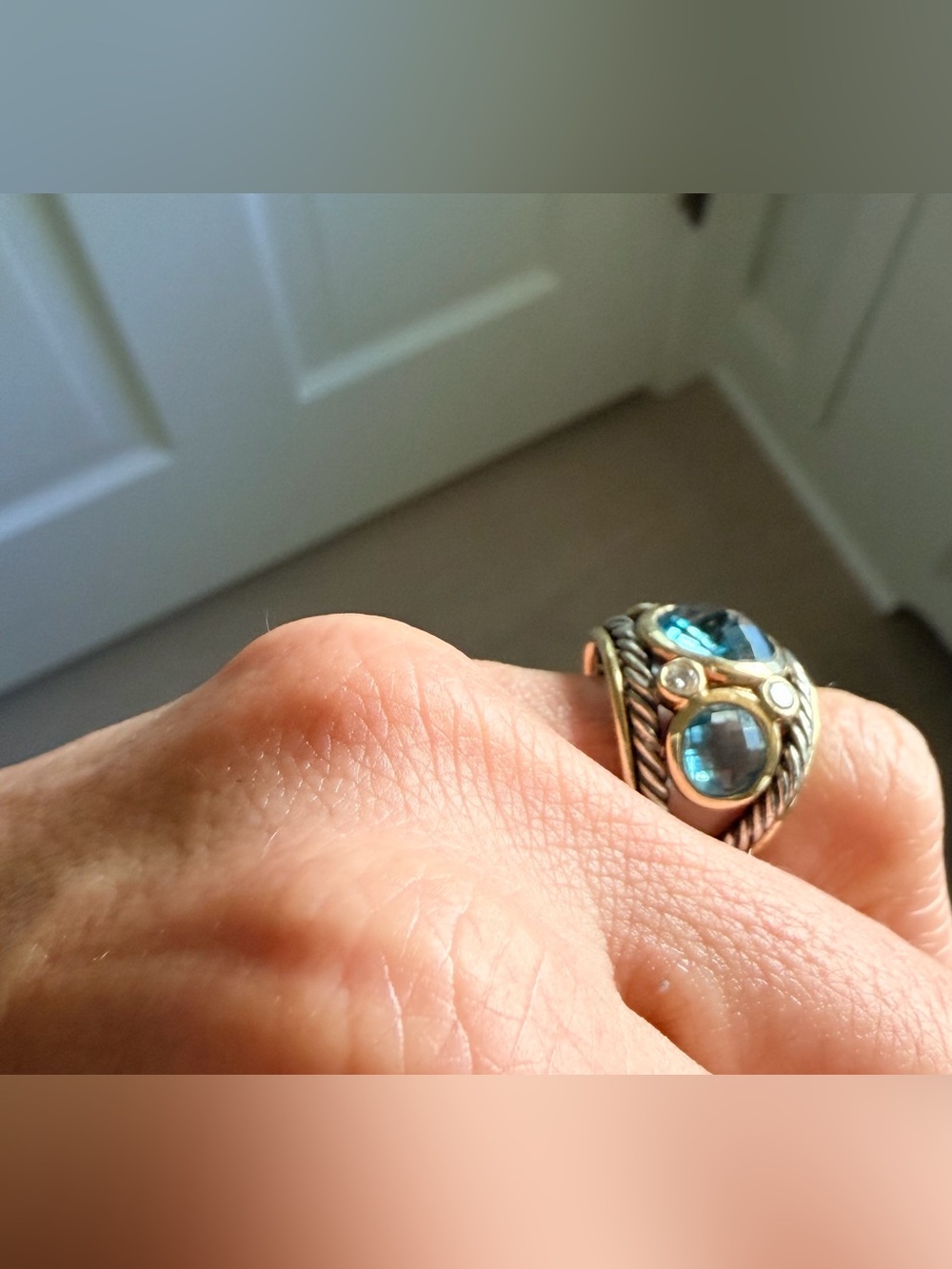 David Yurman Mosaic Ring Blue Topaz Diamonds Sterling 18K Gold Size 6 - Picture 10 of 10